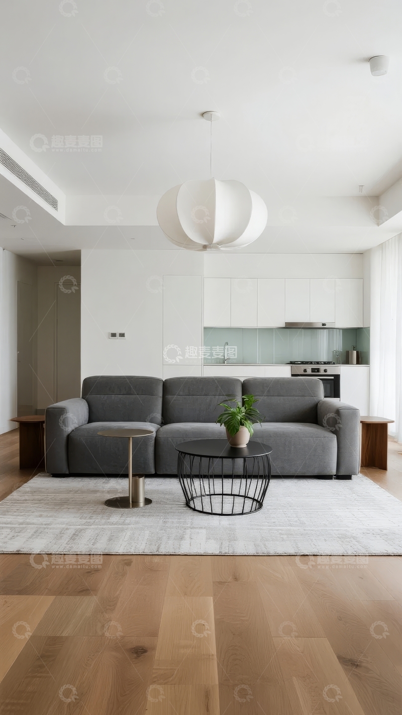 高清大图下载【趣麦麦图】现代简约风格客厅搭配灰色沙发与白色吊灯