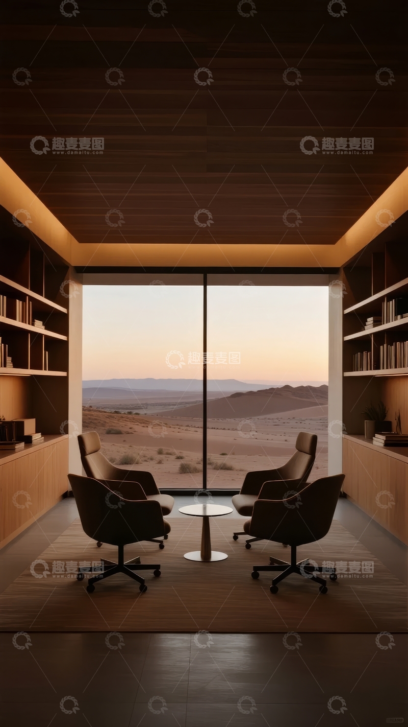 高清大图下载【趣麦麦图】现代书房内望向日落沙漠景观