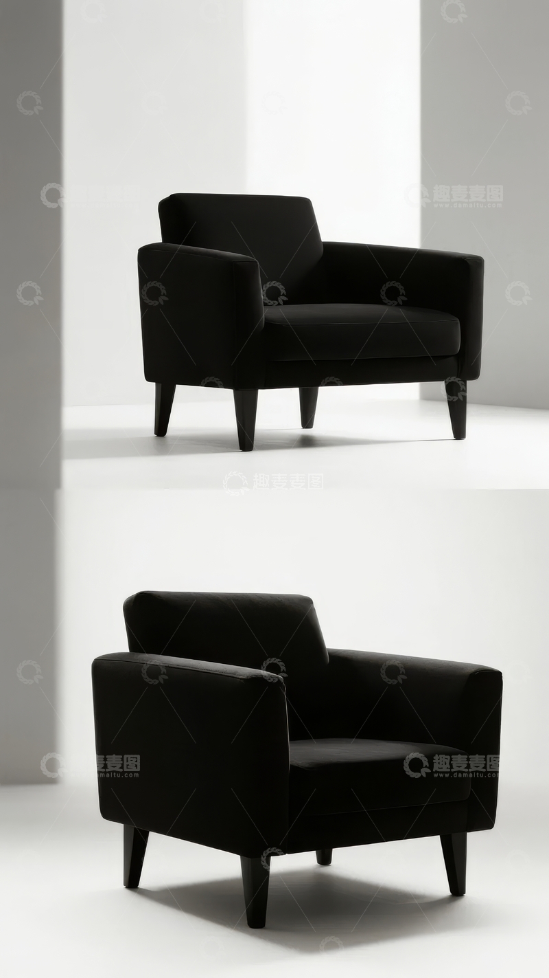 高清大图下载【趣麦麦图】两张黑色现代风格扶手椅在简约白色空间中展示