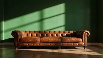 复古皮革沙发置于绿色墙面光影中