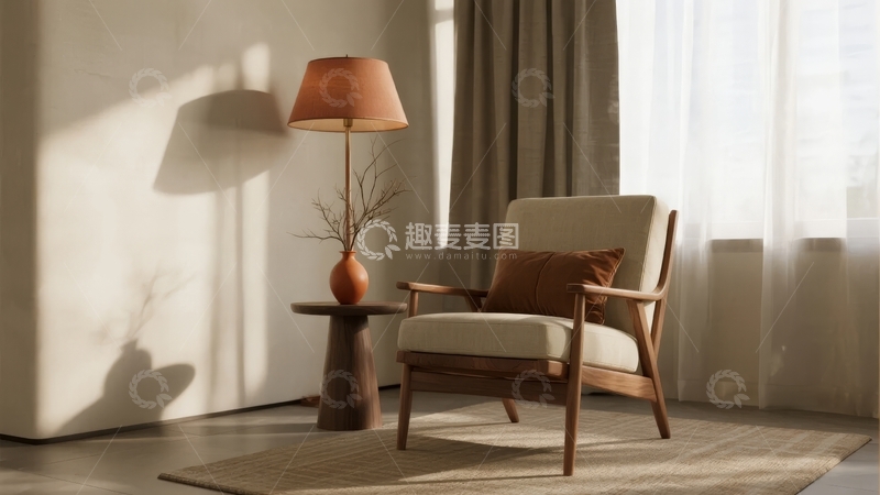 高清大图下载【趣麦麦图】温馨室内一角摆放着木质扶手椅和落地灯