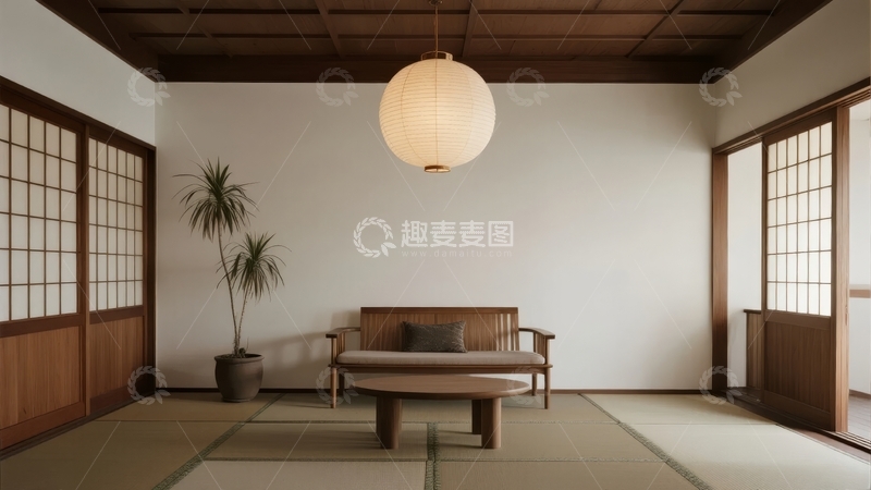 高清大图下载【趣麦麦图】日式风格室内空间简约宁静茶几与榻榻米