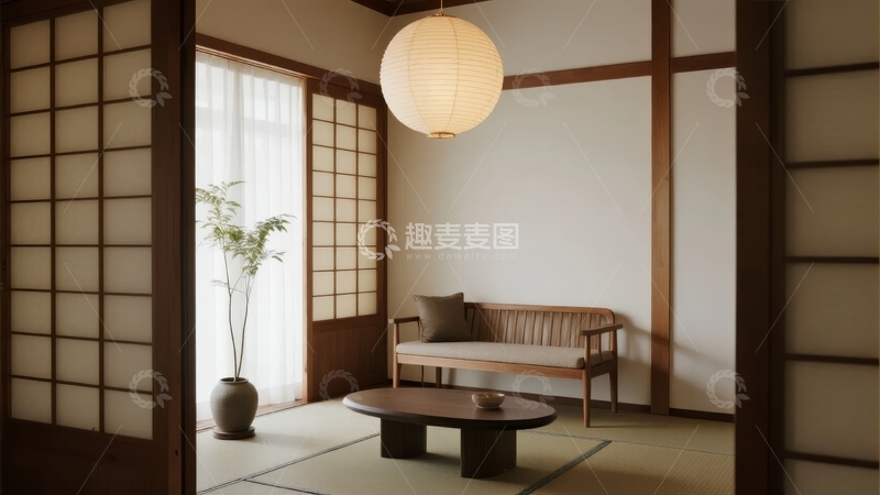 高清大图下载【趣麦麦图】日式风格室内空间摆放着木质家具和纸灯笼