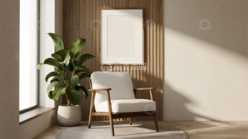 高清大图下载【趣麦麦图】室内一角摆放着白色扶手椅和绿植