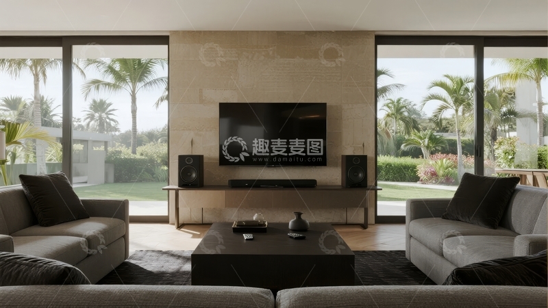 高清大图下载【趣麦麦图】现代客厅配备大屏幕电视和全景落地窗