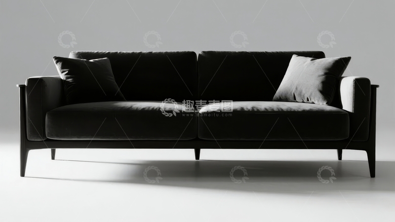 高清大图下载【趣麦麦图】现代简约风格黑色绒面沙发配灰色靠垫