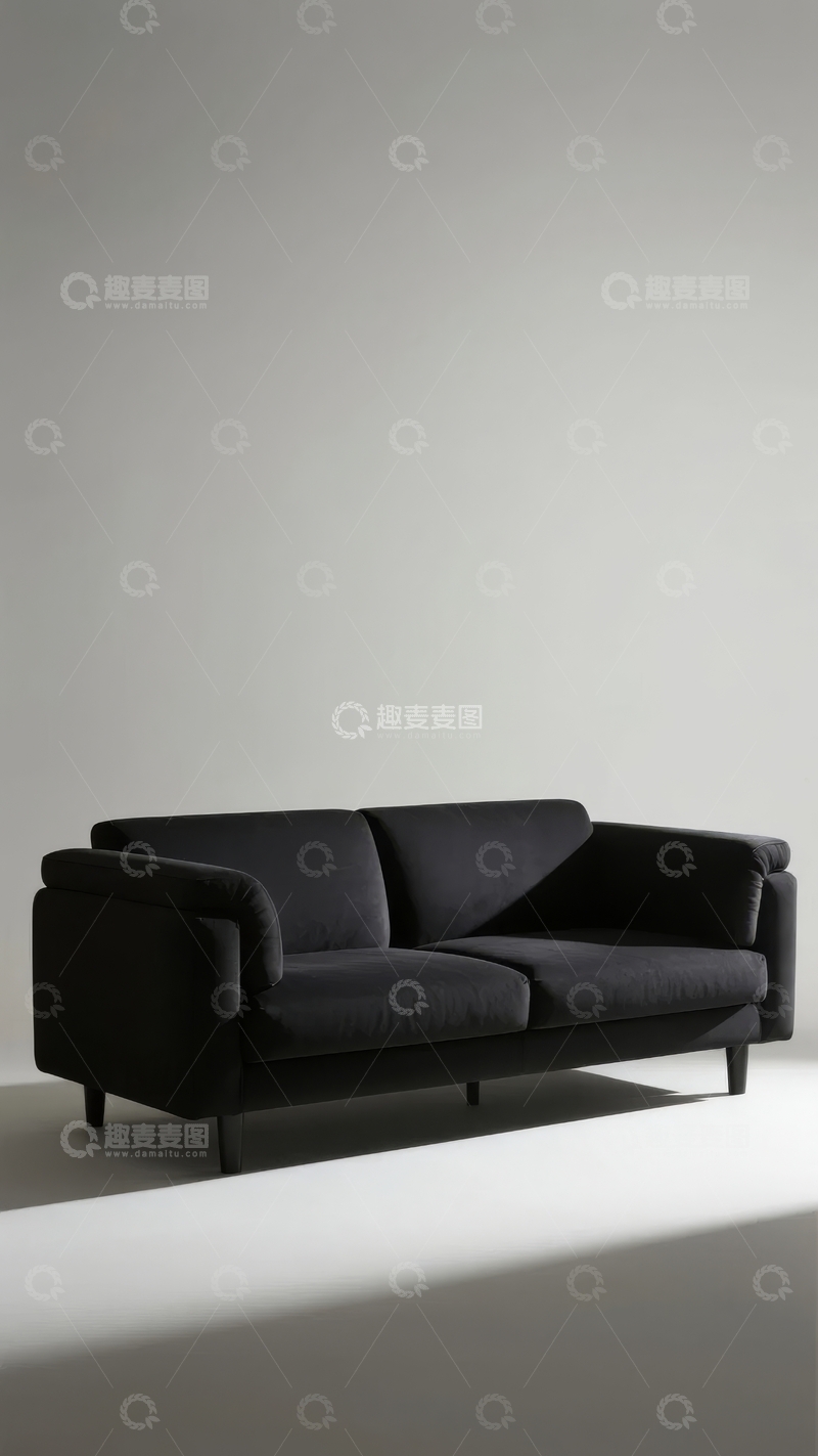 高清大图下载【趣麦麦图】简约风格黑色沙发置于纯色背景墙前