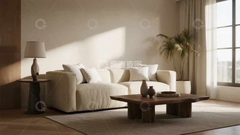 高清大图下载【趣麦麦图】现代简约风格客厅阳光明媚沙发茶几绿植点缀