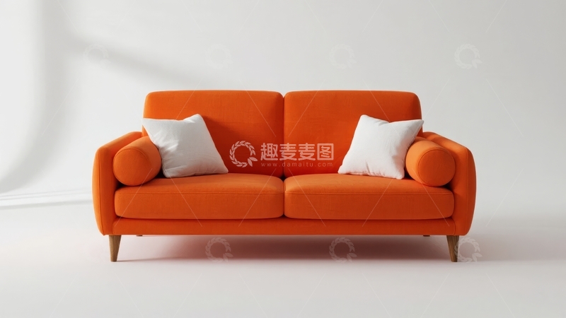高清大图下载【趣麦麦图】橙色沙发配白色靠垫置于简约白色背景中