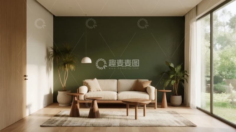 高清大图下载【趣麦麦图】现代简约风格客厅设计绿墙与大面积玻璃窗