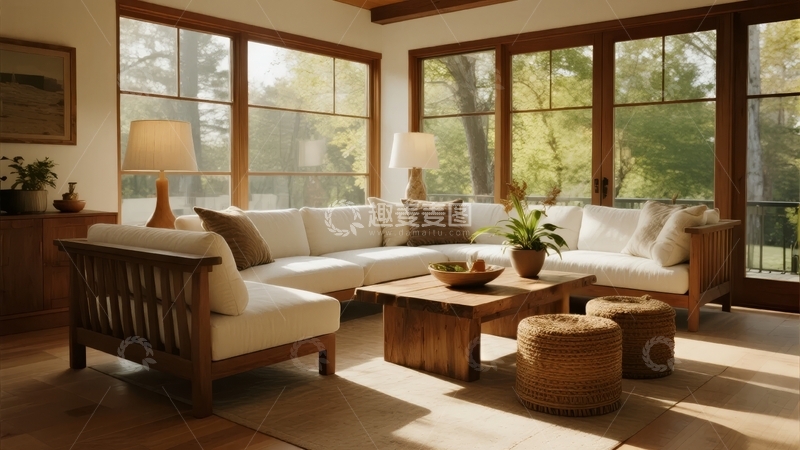 高清大图下载【趣麦麦图】明亮阳光下的木质框架客厅内景
