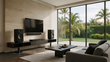 现代客厅配备电视音响系统窗外可见棕榈树景观