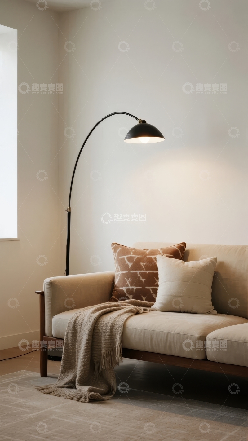 高清大图下载【趣麦麦图】简约客厅角落摆放着沙发和落地灯