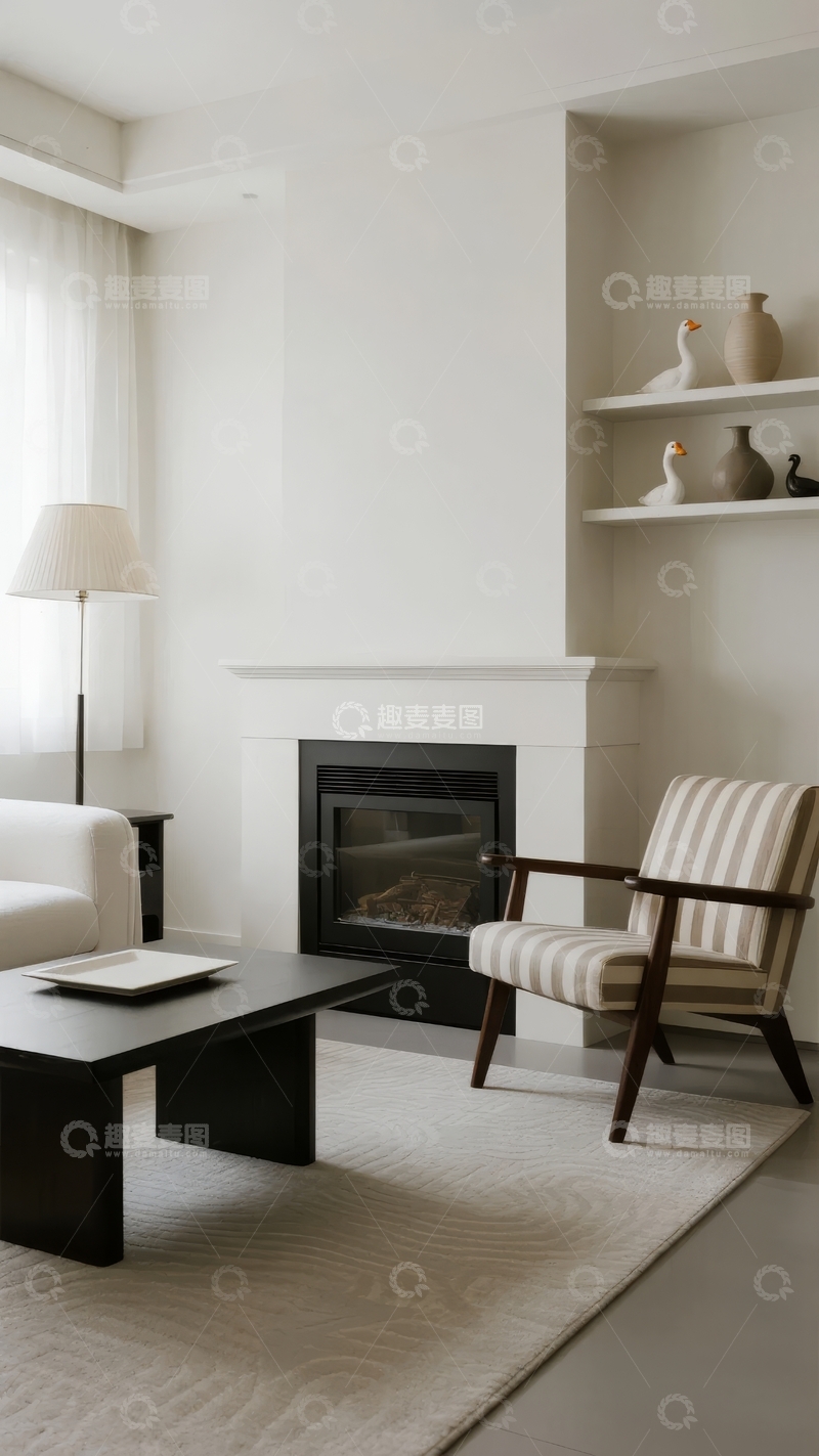高清大图下载【趣麦麦图】现代简约风格客厅一角包含壁炉扶手椅和装饰架