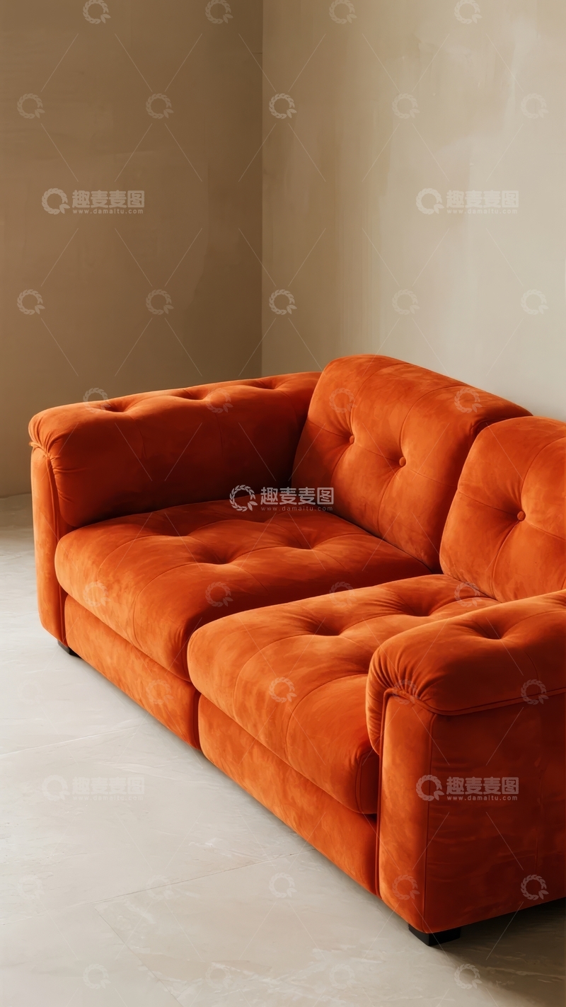 高清大图下载【趣麦麦图】-橙色绒面沙发置于简约室内角落