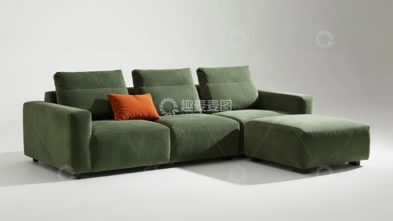 高清大图下载【趣麦麦图】现代简约风格绿色绒面沙发配橙色靠垫
