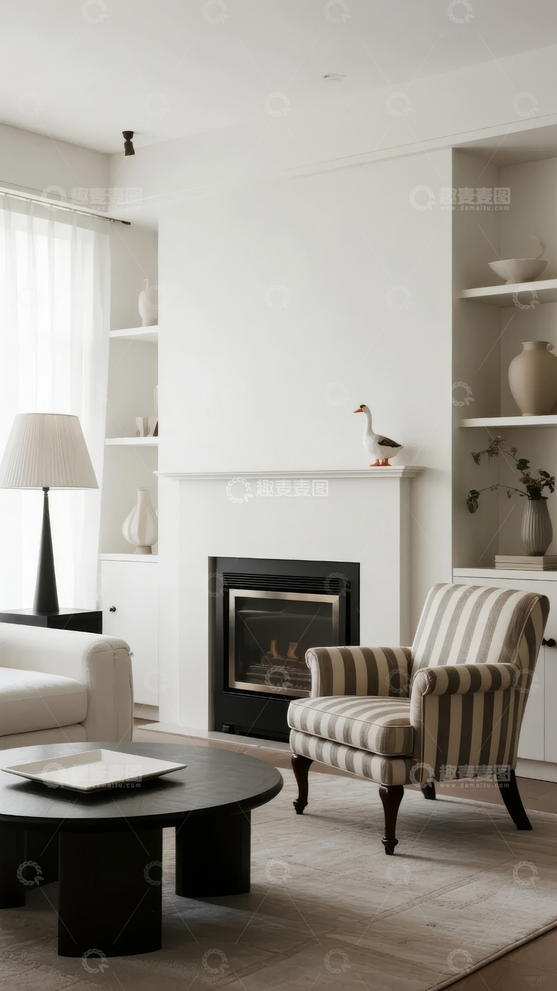 高清大图下载【趣麦麦图】现代简约风格客厅配壁炉与装饰架