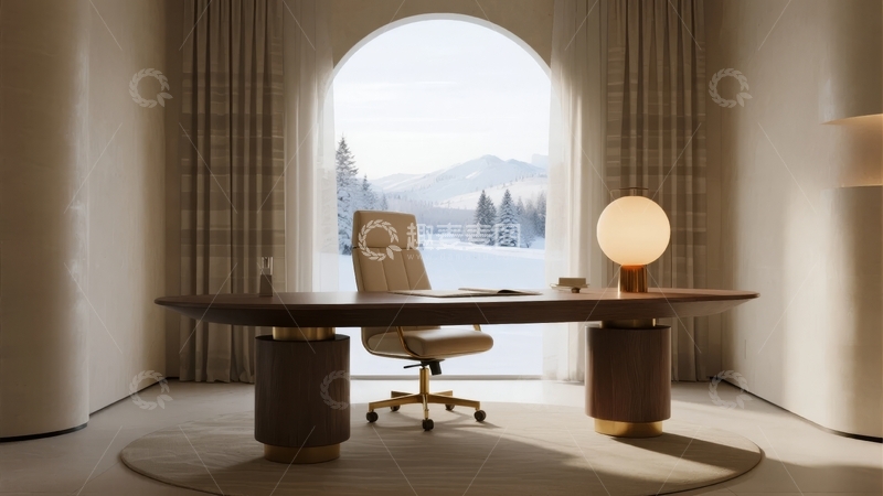 现代简约风格办公室内景窗外雪山景观