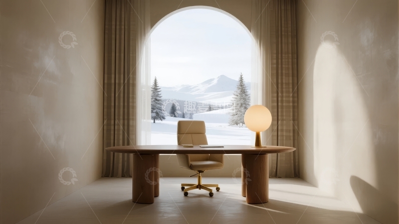 高清大图下载【趣麦麦图】现代办公室内景透过大窗可见雪山雪景