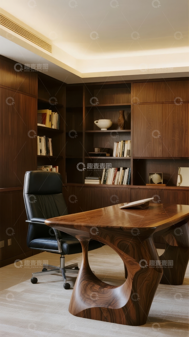 高清大图下载【趣麦麦图】现代木质书房内设书桌与书架