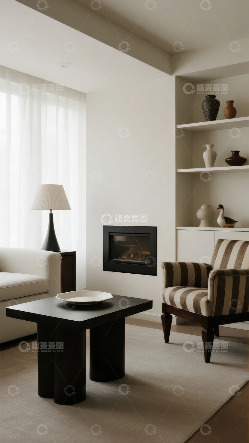 高清大图下载【趣麦麦图】现代简约风格客厅配备壁炉和条纹扶手椅