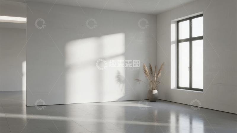 高清大图下载【趣麦麦图】简约室内空间光影交错窗边绿植点缀