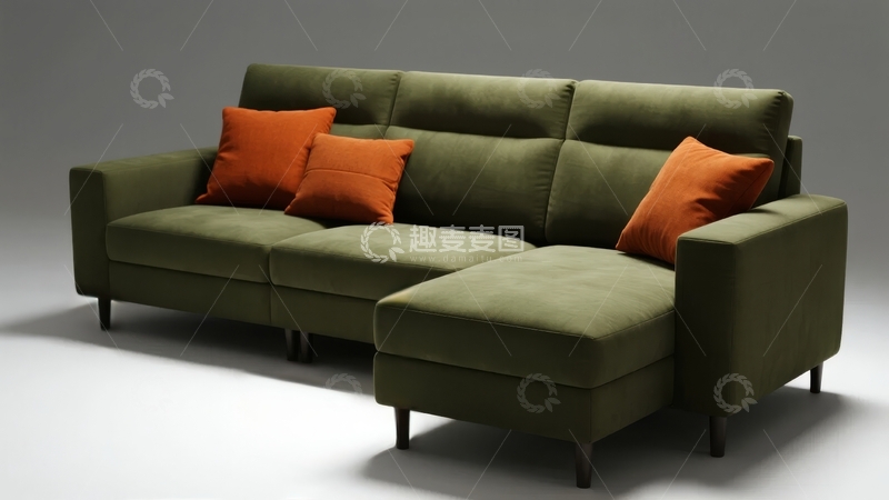 高清大图下载【趣麦麦图】绿色布艺沙发配橙色靠垫的现代客厅家具展示