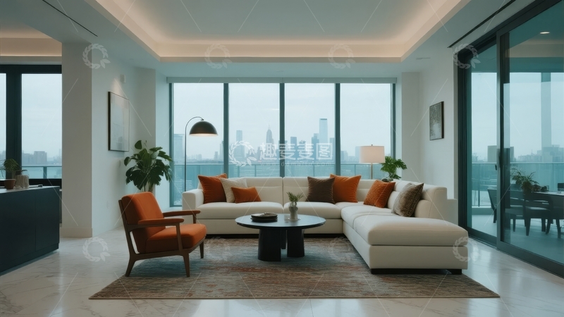高清大图下载【趣麦麦图】现代客厅设计宽敞明亮配有城市景观视野