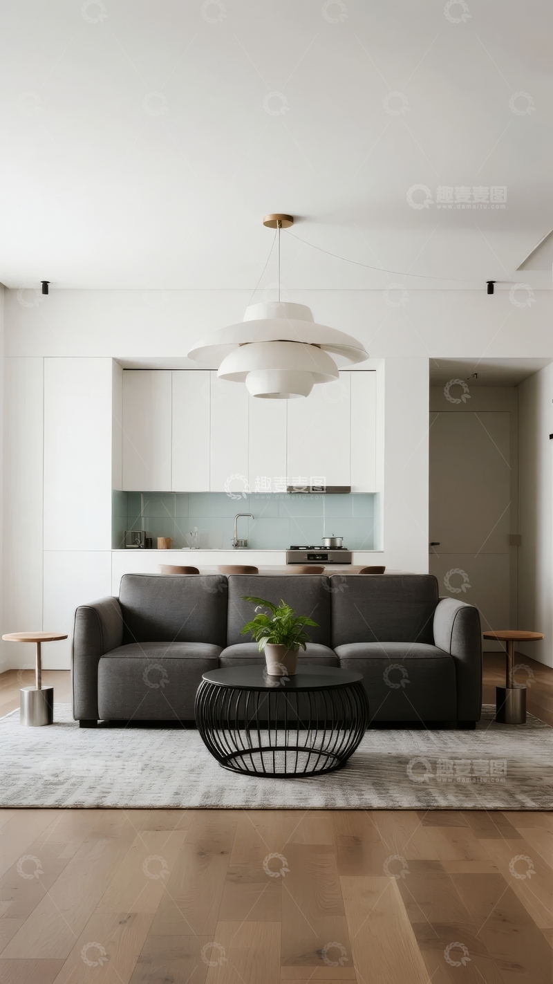 高清大图下载【趣麦麦图】现代简约风格客厅与开放式厨房的室内设计