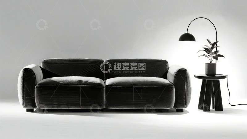 高清大图下载【趣麦麦图】简约黑白风格客厅中的黑色沙发与绿植装饰
