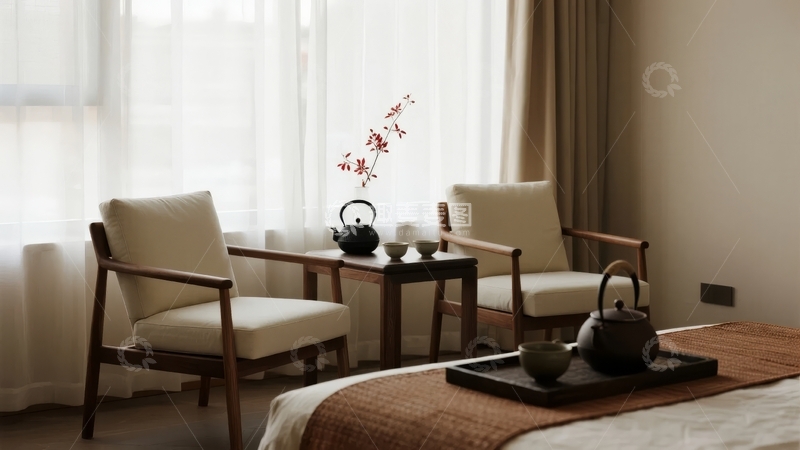 高清大图下载【趣麦麦图】温馨卧室角落摆放着两张椅子和茶具