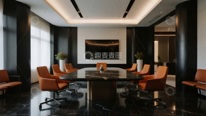 高清大图下载【趣麦麦图】现代商务会议室配备橙色座椅和大理石桌面