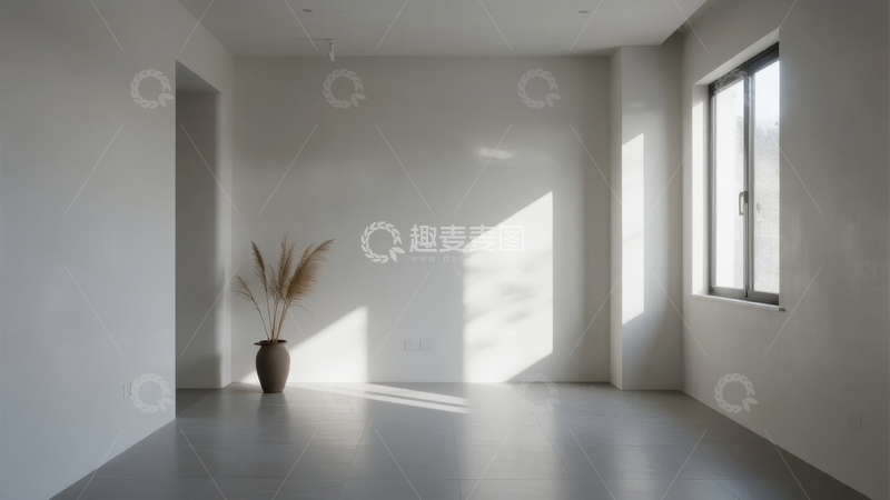 高清大图下载【趣麦麦图】简约室内空间阳光透过窗户洒在墙角的绿植上