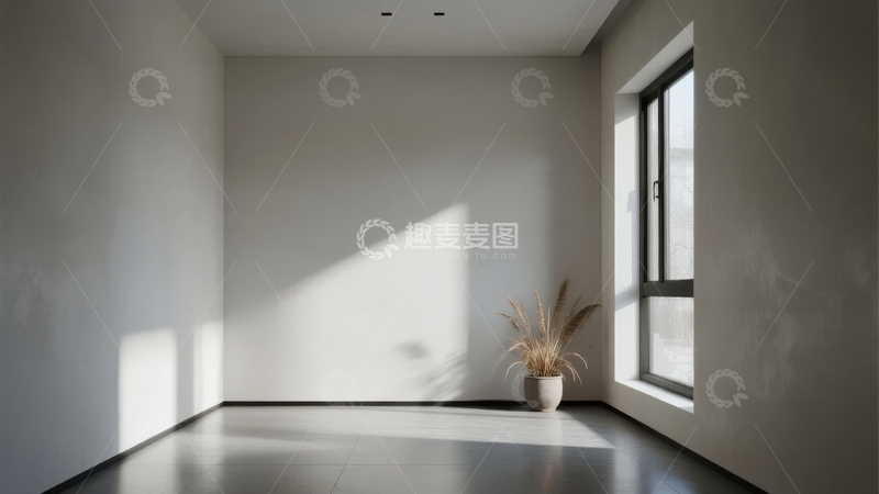高清大图下载【趣麦麦图】简约现代室内空间阳光透过窗户洒在墙角的植物上
