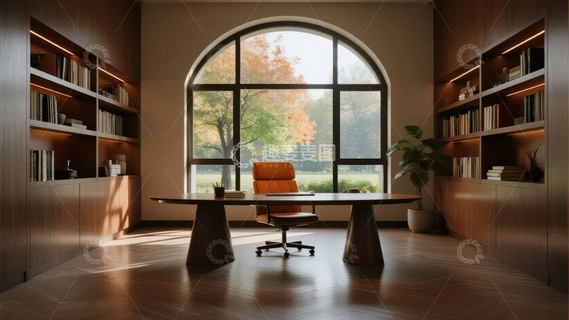 高清大图下载【趣麦麦图】现代书房内宽敞明亮落地窗前摆放橙色办公椅