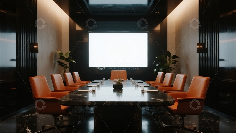 现代商务会议室配备长桌和大型显示屏
