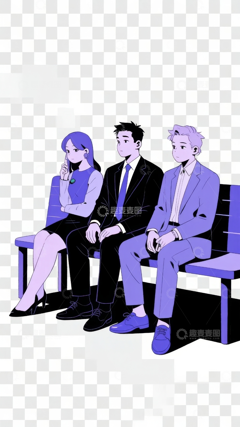 高清大图下载【趣麦麦图】三位穿着正装的卡通人物坐在长椅上