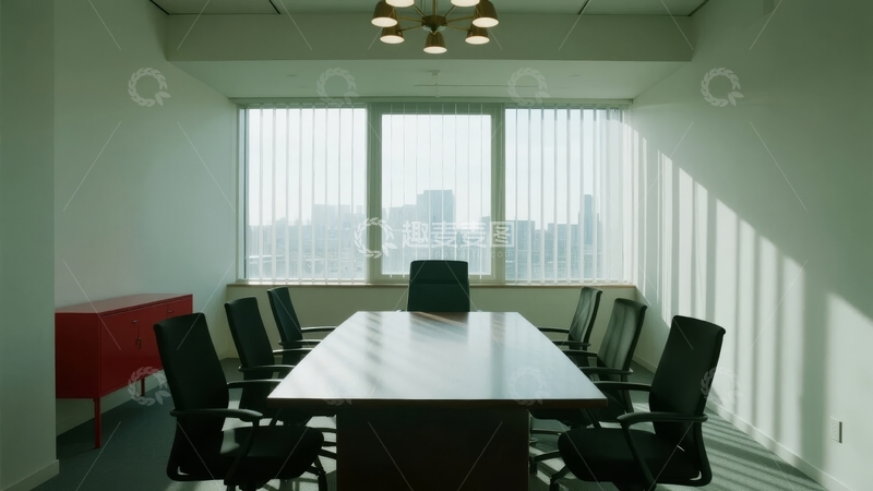 高清大图下载【趣麦麦图】现代会议室配备长桌和城市景观视角