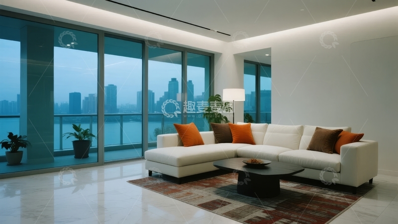高清大图下载【趣麦麦图】-现代客厅景观窗边沙发与城市天际线