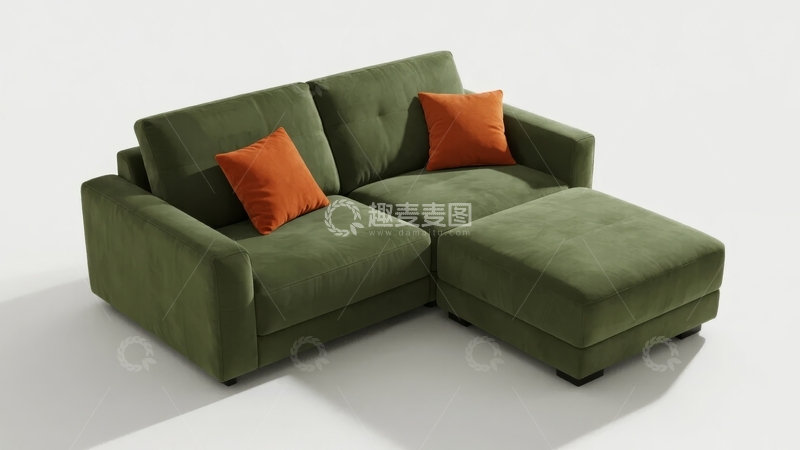 高清大图下载【趣麦麦图】绿色绒面沙发配橙色靠垫和脚凳