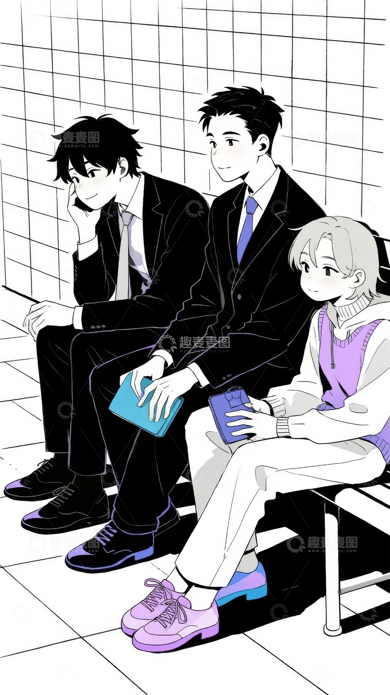 高清大图下载【趣麦麦图】三位穿着西装的青年坐在墙边休息