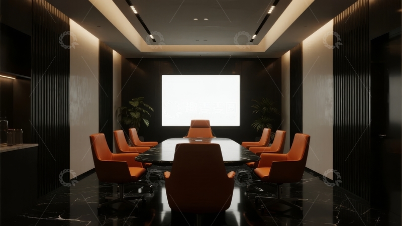 现代商务会议室配备橙色座椅和大型投影屏幕