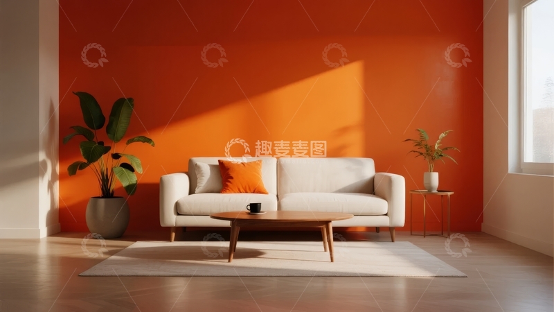 高清大图下载【趣麦麦图】橙色墙面客厅内摆放着米色沙发和绿植