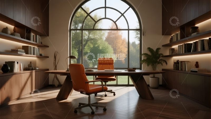 高清大图下载【趣麦麦图】现代办公室内景透过拱形大窗可见绿树成荫
