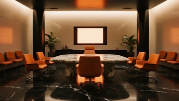 现代豪华会议室配备大理石桌和橙色座椅
