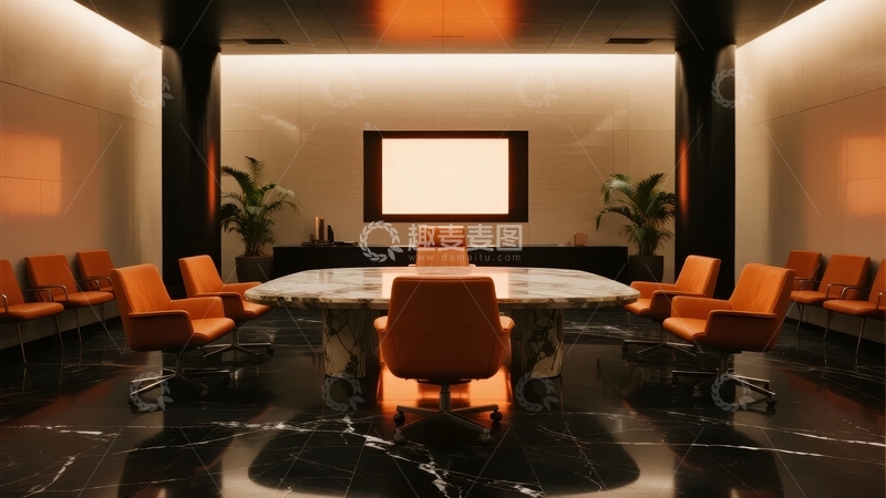 高清大图下载【趣麦麦图】现代豪华会议室配备大理石桌和橙色座椅
