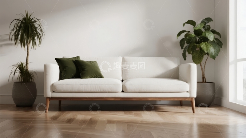 高清大图下载【趣麦麦图】现代简约客厅摆放白色沙发与绿植