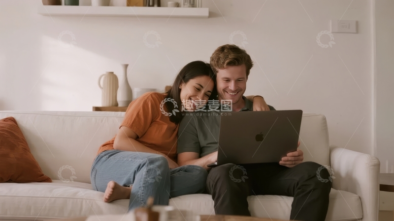 高清大图下载【趣麦麦图】情侣在客厅沙发上共同使用笔记本电脑