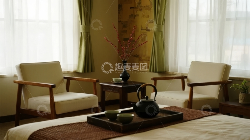 高清大图下载【趣麦麦图】温馨卧室角落摆放着木质扶手椅和茶具