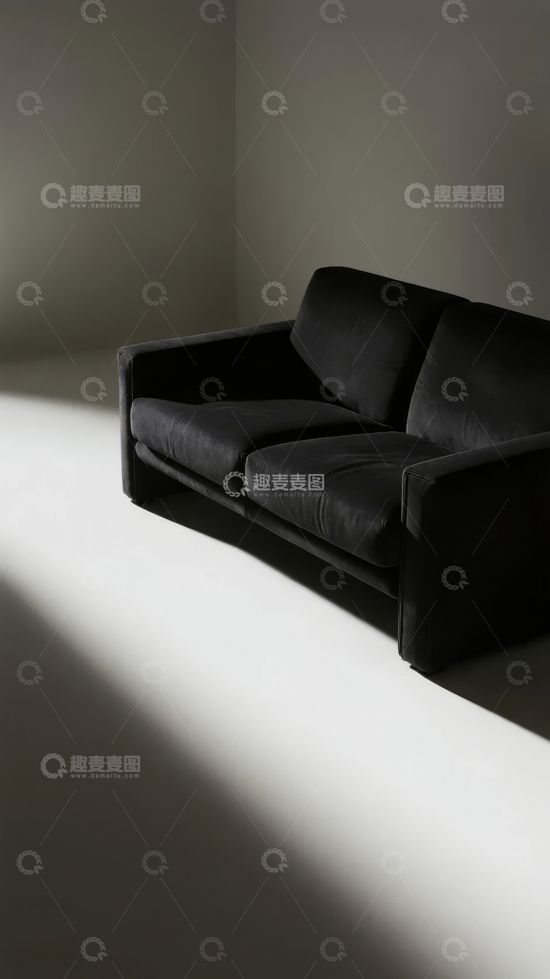 高清大图下载【趣麦麦图】简约风格黑色沙发置于光影交错的室内角落